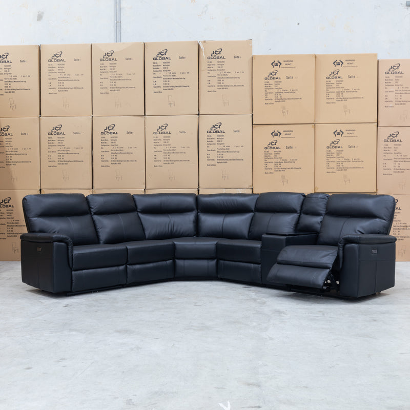 The Laurent Leather Modular Corner Lounge with Electric Recliners - Black available to purchase from Warehouse Furniture Clearance at our next sale event.