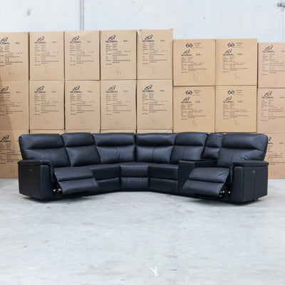 The Laurent Leather Modular Corner Lounge with Electric Recliners - Black available to purchase from Warehouse Furniture Clearance at our next sale event.