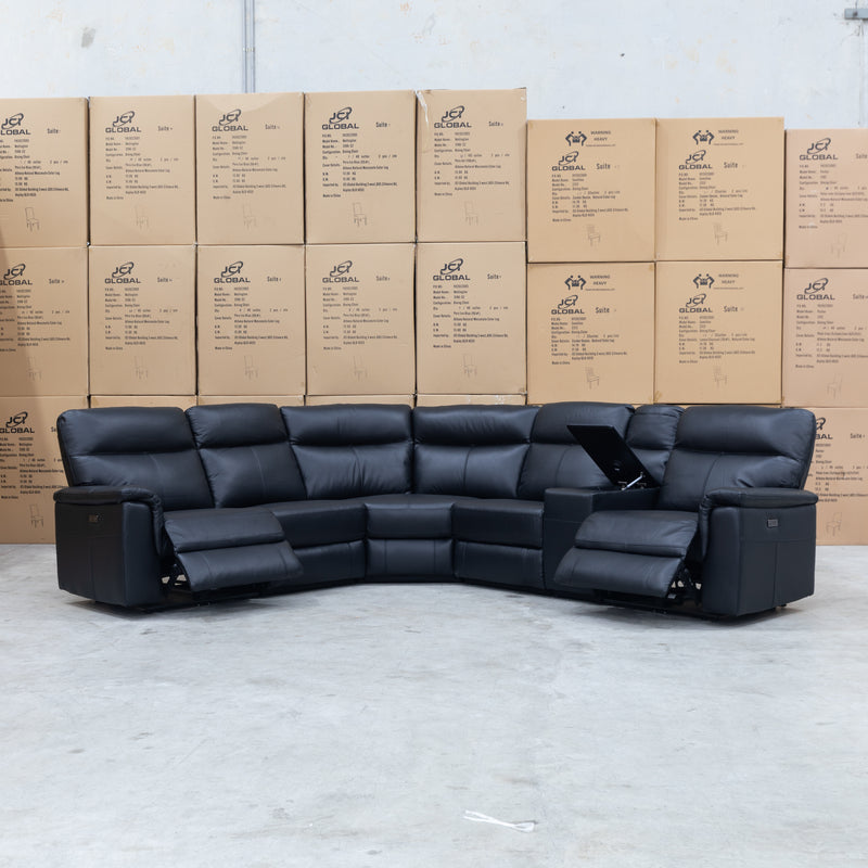 The Laurent Leather Modular Corner Lounge with Electric Recliners - Black available to purchase from Warehouse Furniture Clearance at our next sale event.