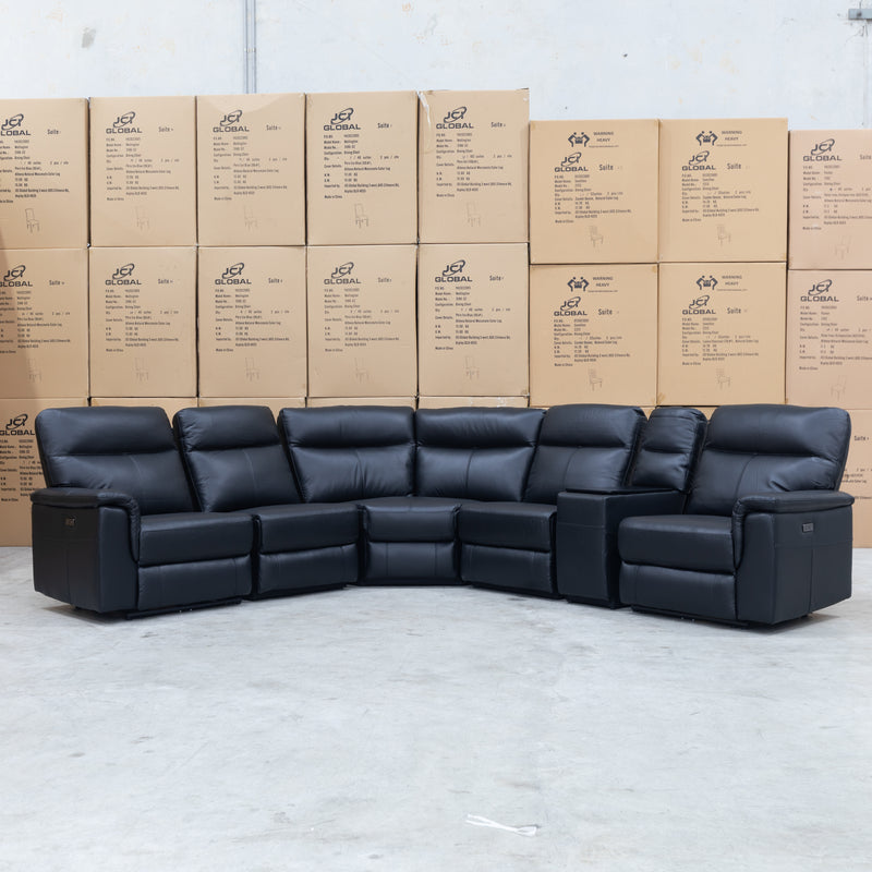 The Laurent Leather Modular Corner Lounge with Electric Recliners - Black available to purchase from Warehouse Furniture Clearance at our next sale event.