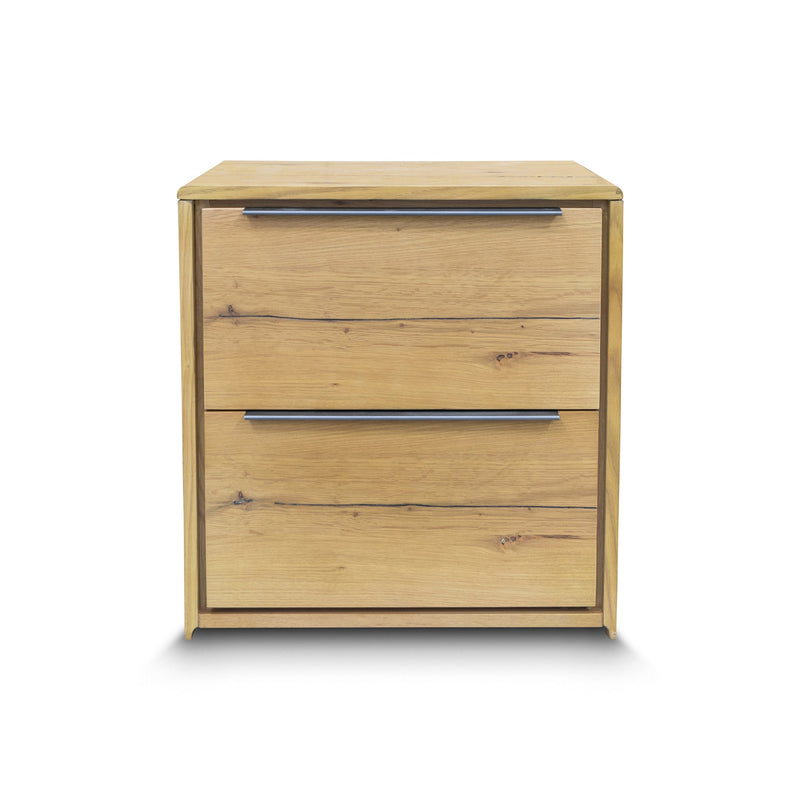 The Newfarm Distressed Oak Two Drawer Hardwood Bedside available to purchase from Warehouse Furniture Clearance at our next sale event.