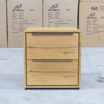 The Newfarm Distressed Oak Two Drawer Hardwood Bedside available to purchase from Warehouse Furniture Clearance at our next sale event.