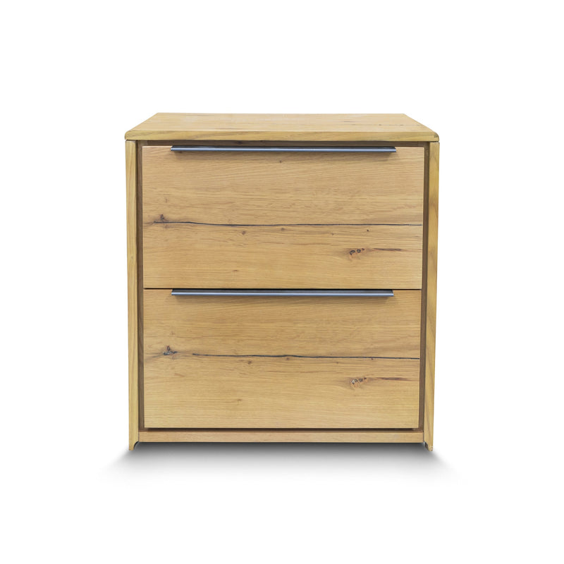 The Newfarm Distressed Oak Two Drawer Hardwood Bedside available to purchase from Warehouse Furniture Clearance at our next sale event.