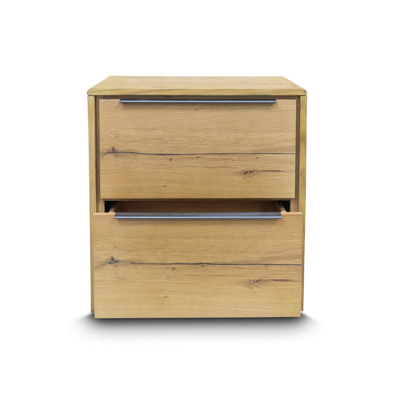 The Newfarm Distressed Oak Two Drawer Hardwood Bedside available to purchase from Warehouse Furniture Clearance at our next sale event.