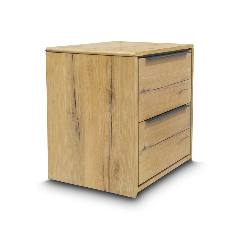 The Newfarm Distressed Oak Two Drawer Hardwood Bedside available to purchase from Warehouse Furniture Clearance at our next sale event.