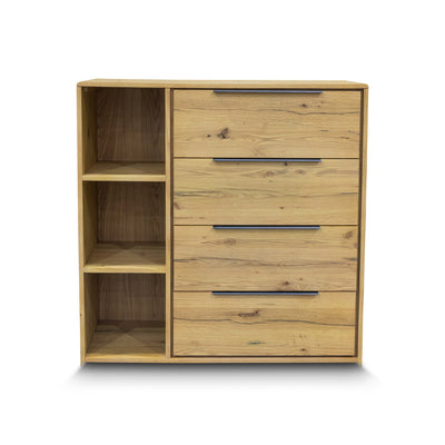 The Newfarm Distressed Oak Four Drawer Hardwood Tallboy available to purchase from Warehouse Furniture Clearance at our next sale event.