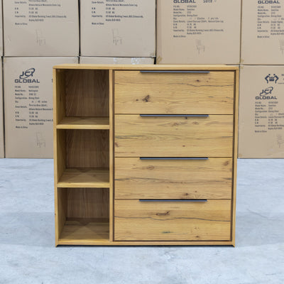 The Newfarm Distressed Oak Four Drawer Hardwood Tallboy available to purchase from Warehouse Furniture Clearance at our next sale event.