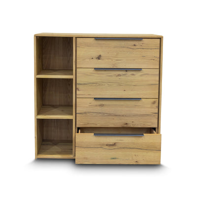 The Newfarm Distressed Oak Four Drawer Hardwood Tallboy available to purchase from Warehouse Furniture Clearance at our next sale event.