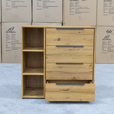 The Newfarm Distressed Oak Four Drawer Hardwood Tallboy available to purchase from Warehouse Furniture Clearance at our next sale event.