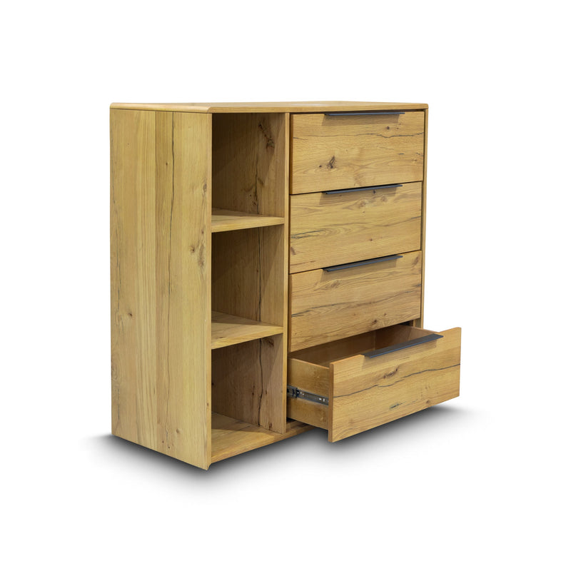 The Newfarm Distressed Oak Four Drawer Hardwood Tallboy available to purchase from Warehouse Furniture Clearance at our next sale event.