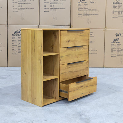 The Newfarm Distressed Oak Four Drawer Hardwood Tallboy available to purchase from Warehouse Furniture Clearance at our next sale event.