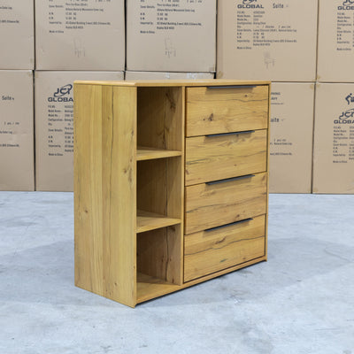 The Newfarm Distressed Oak Four Drawer Hardwood Tallboy available to purchase from Warehouse Furniture Clearance at our next sale event.