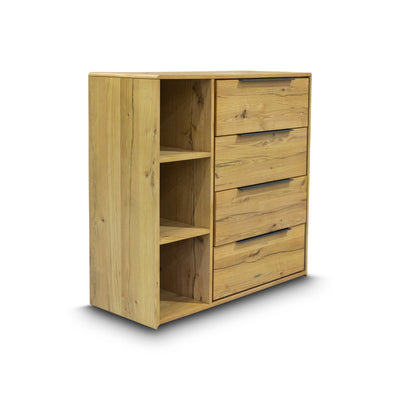 The Newfarm Distressed Oak Four Drawer Hardwood Tallboy available to purchase from Warehouse Furniture Clearance at our next sale event.