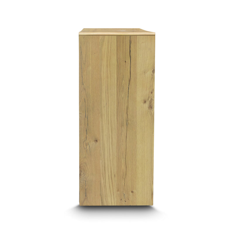 The Newfarm Distressed Oak Four Drawer Hardwood Tallboy available to purchase from Warehouse Furniture Clearance at our next sale event.