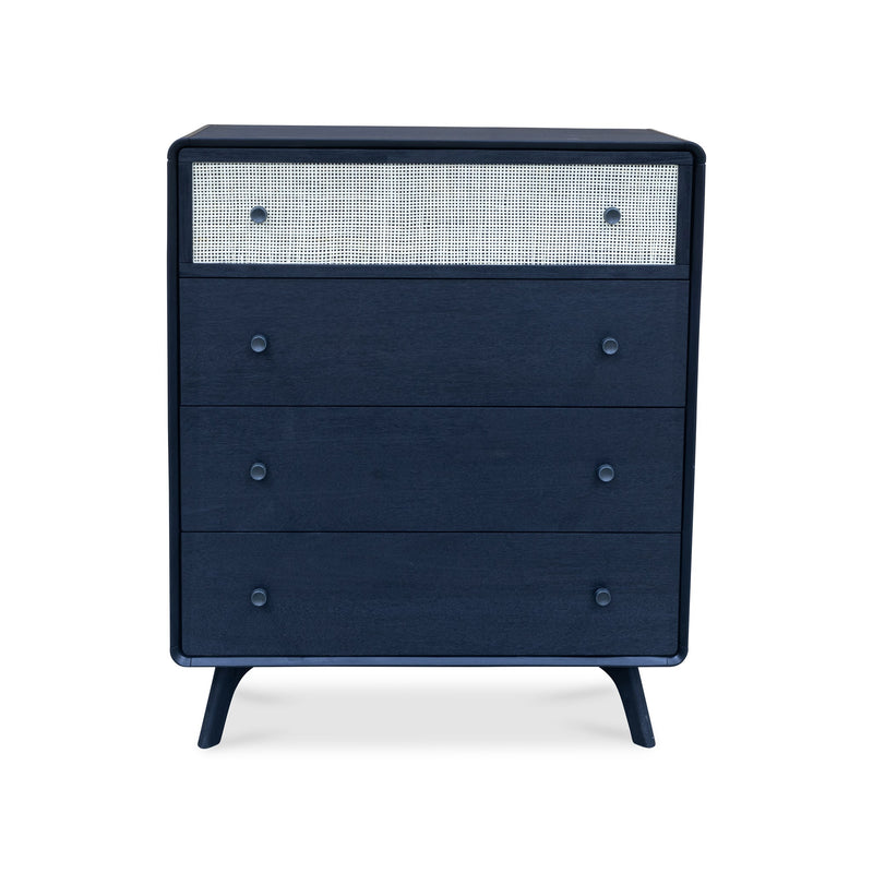The Grove Black 4 Drawer Timber & Rattan Tallboy - Available after 8th March available to purchase from Warehouse Furniture Clearance at our next sale event.