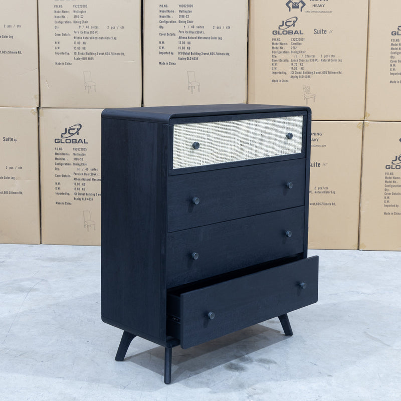 The Grove Black 4 Drawer Timber & Rattan Tallboy available to purchase from Warehouse Furniture Clearance at our next sale event.