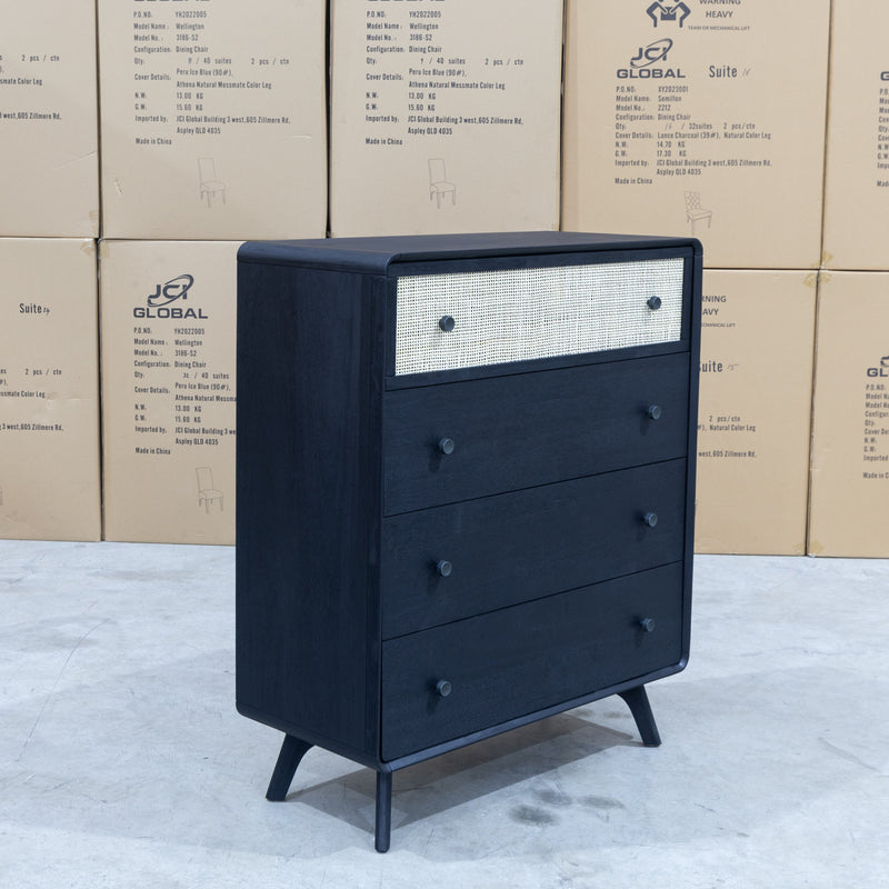The Grove Black 4 Drawer Timber & Rattan Tallboy - Available after 8th March available to purchase from Warehouse Furniture Clearance at our next sale event.