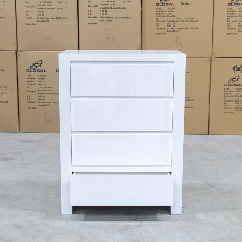 The Charlie 4 Drawer High Gloss White Tallboy available to purchase from Warehouse Furniture Clearance at our next sale event.