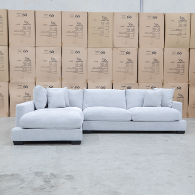 The Fate Deep Seat Feather & Foam LHF Chaise Lounge - Bluefox available to purchase from Warehouse Furniture Clearance at our next sale event.