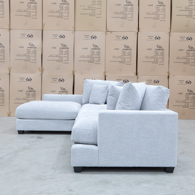 The Fate Deep Seat Feather & Foam LHF Chaise Lounge - Bluefox available to purchase from Warehouse Furniture Clearance at our next sale event.