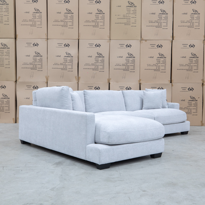 The Fate Deep Seat Feather & Foam LHF Chaise Lounge - Bluefox available to purchase from Warehouse Furniture Clearance at our next sale event.