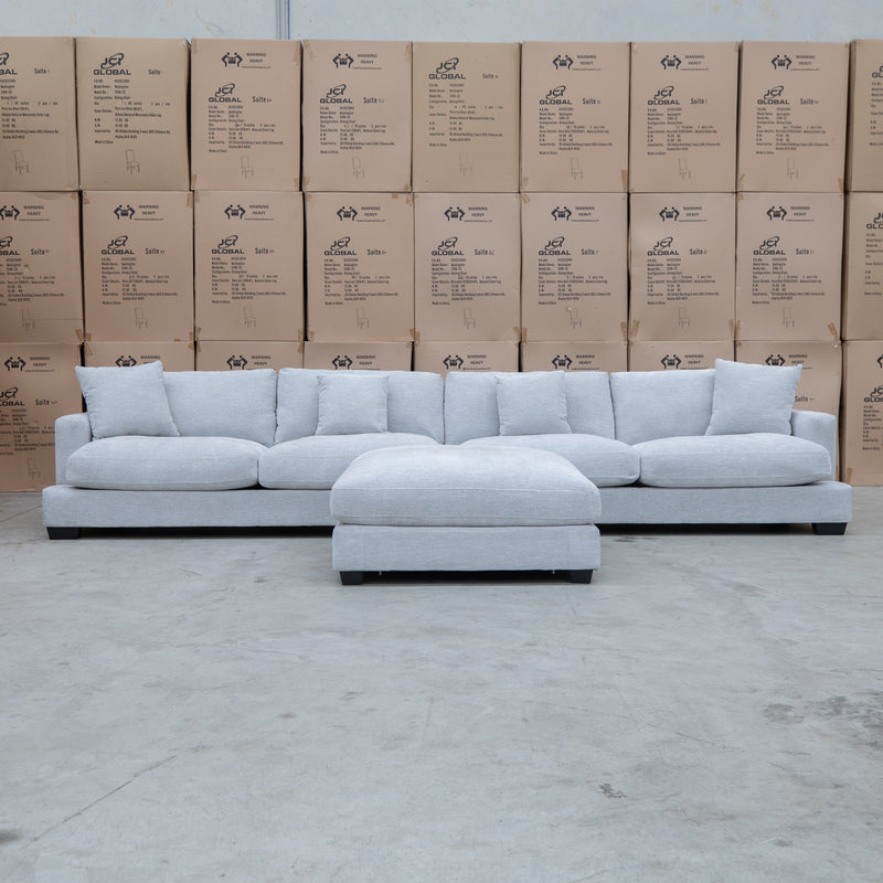 The Fate Deep Seat Feather & Foam Modular Corner Ottoman Suite - Bluefox available to purchase from Warehouse Furniture Clearance at our next sale event.