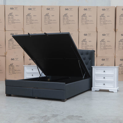 The Amelia Queen Fabric Gas Lift Bed - Charcoal - Available After 10th October available to purchase from Warehouse Furniture Clearance at our next sale event.