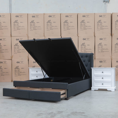 The Amelia Queen Fabric Gas Lift Bed - Charcoal - Available After 10th October available to purchase from Warehouse Furniture Clearance at our next sale event.