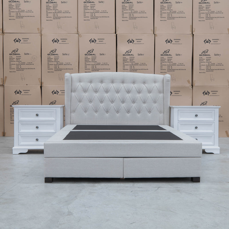 The Amelia Queen Fabric Gas Lift Storage Drawer Bed - Oat White - Available After 10th October available to purchase from Warehouse Furniture Clearance at our next sale event.