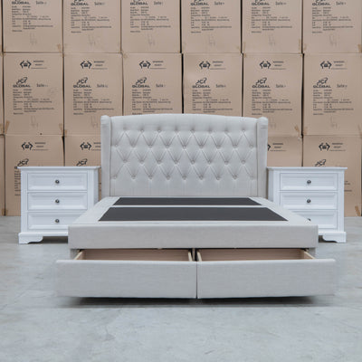 The Amelia Queen Fabric Gas Lift Storage Drawer Bed - Oat White - Available After 10th October available to purchase from Warehouse Furniture Clearance at our next sale event.