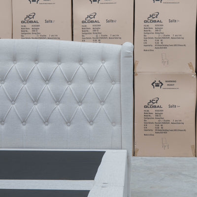 The Amelia King Fabric Gas Lift Storage Drawer Bed - Oat White - Available After 10th October available to purchase from Warehouse Furniture Clearance at our next sale event.