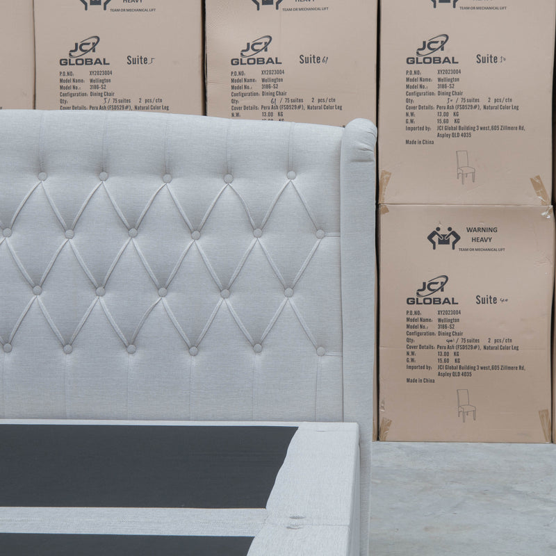 The Amelia Queen Fabric Gas Lift Storage Drawer Bed - Oat White available to purchase from Warehouse Furniture Clearance at our next sale event.