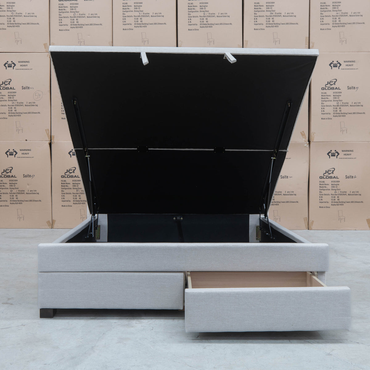 The Amelia Double Fabric Gas Lift Storage Drawer Bed - Oat White available to purchase from Warehouse Furniture Clearance at our next sale event.