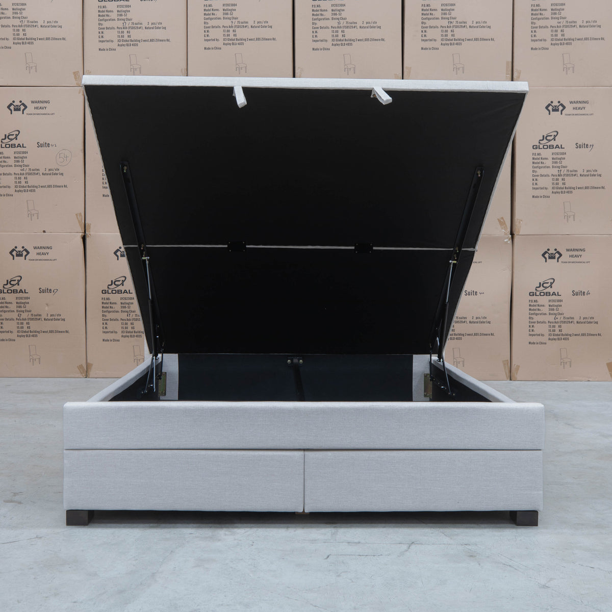 The Amelia Double Fabric Gas Lift Storage Drawer Bed - Oat White available to purchase from Warehouse Furniture Clearance at our next sale event.