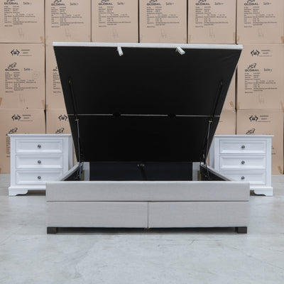 The Amelia Queen Fabric Gas Lift Storage Drawer Bed - Oat White - Available After 10th October available to purchase from Warehouse Furniture Clearance at our next sale event.