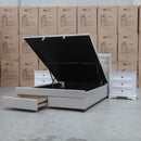 The Amelia Queen Fabric Gas Lift Storage Drawer Bed - Oat White - Available After 10th October available to purchase from Warehouse Furniture Clearance at our next sale event.