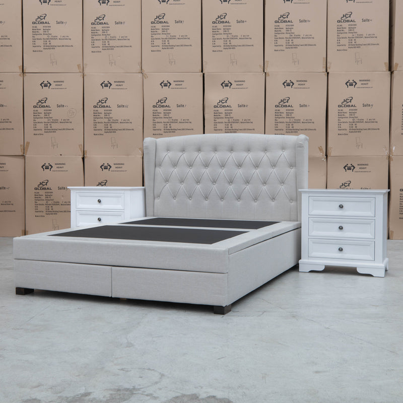 The Amelia Queen Fabric Gas Lift Storage Drawer Bed - Oat White - Available After 10th October available to purchase from Warehouse Furniture Clearance at our next sale event.