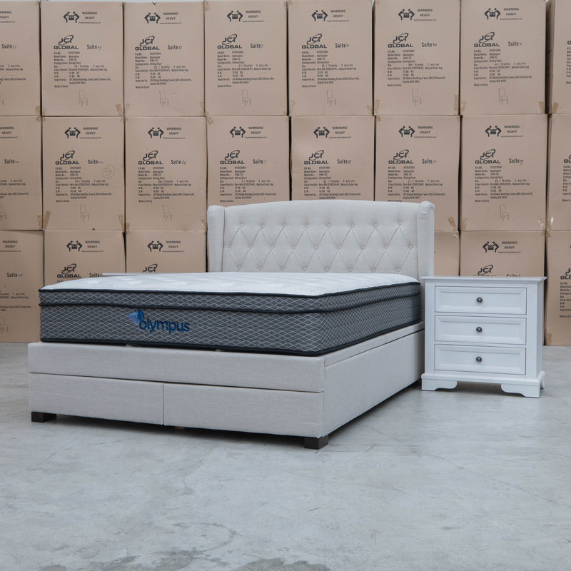 The Amelia Queen Fabric Gas Lift Storage Drawer Bed - Oat White available to purchase from Warehouse Furniture Clearance at our next sale event.