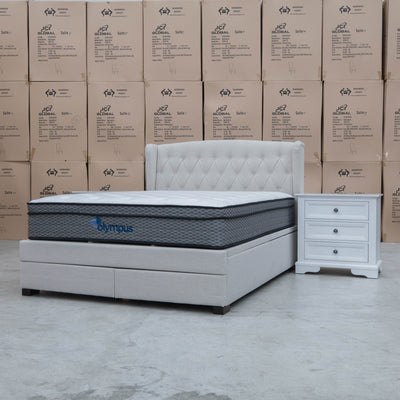 The Amelia King Fabric Gas Lift Storage Drawer Bed - Oat White - Available After 10th October available to purchase from Warehouse Furniture Clearance at our next sale event.