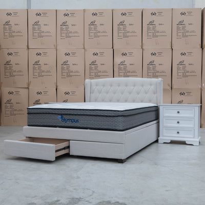 The Amelia Queen Fabric Gas Lift Storage Drawer Bed - Oat White - Available After 10th October available to purchase from Warehouse Furniture Clearance at our next sale event.