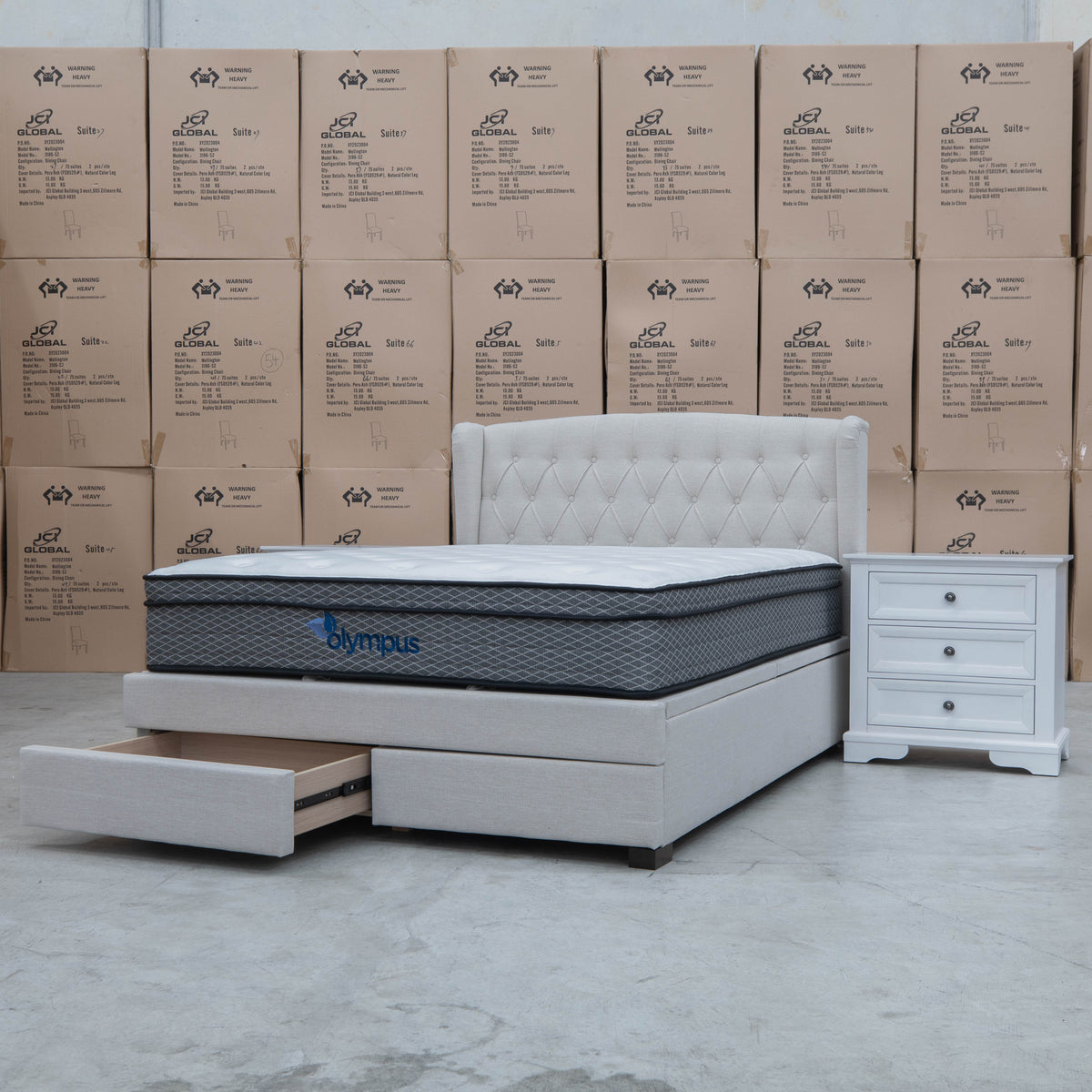 The Amelia Double Fabric Gas Lift Storage Drawer Bed - Oat White available to purchase from Warehouse Furniture Clearance at our next sale event.