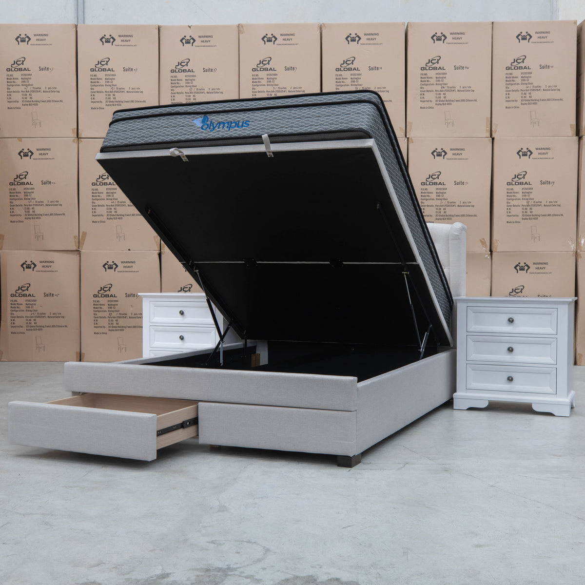The Amelia Double Fabric Gas Lift Storage Drawer Bed - Oat White available to purchase from Warehouse Furniture Clearance at our next sale event.