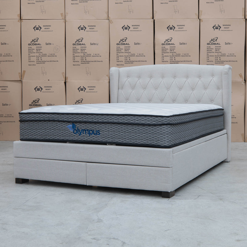 The Amelia Queen Fabric Gas Lift Storage Drawer Bed - Oat White - Available After 10th October available to purchase from Warehouse Furniture Clearance at our next sale event.