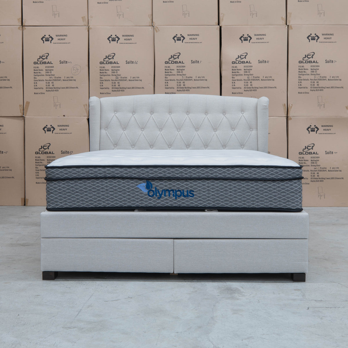 The Amelia Double Fabric Gas Lift Storage Drawer Bed - Oat White available to purchase from Warehouse Furniture Clearance at our next sale event.