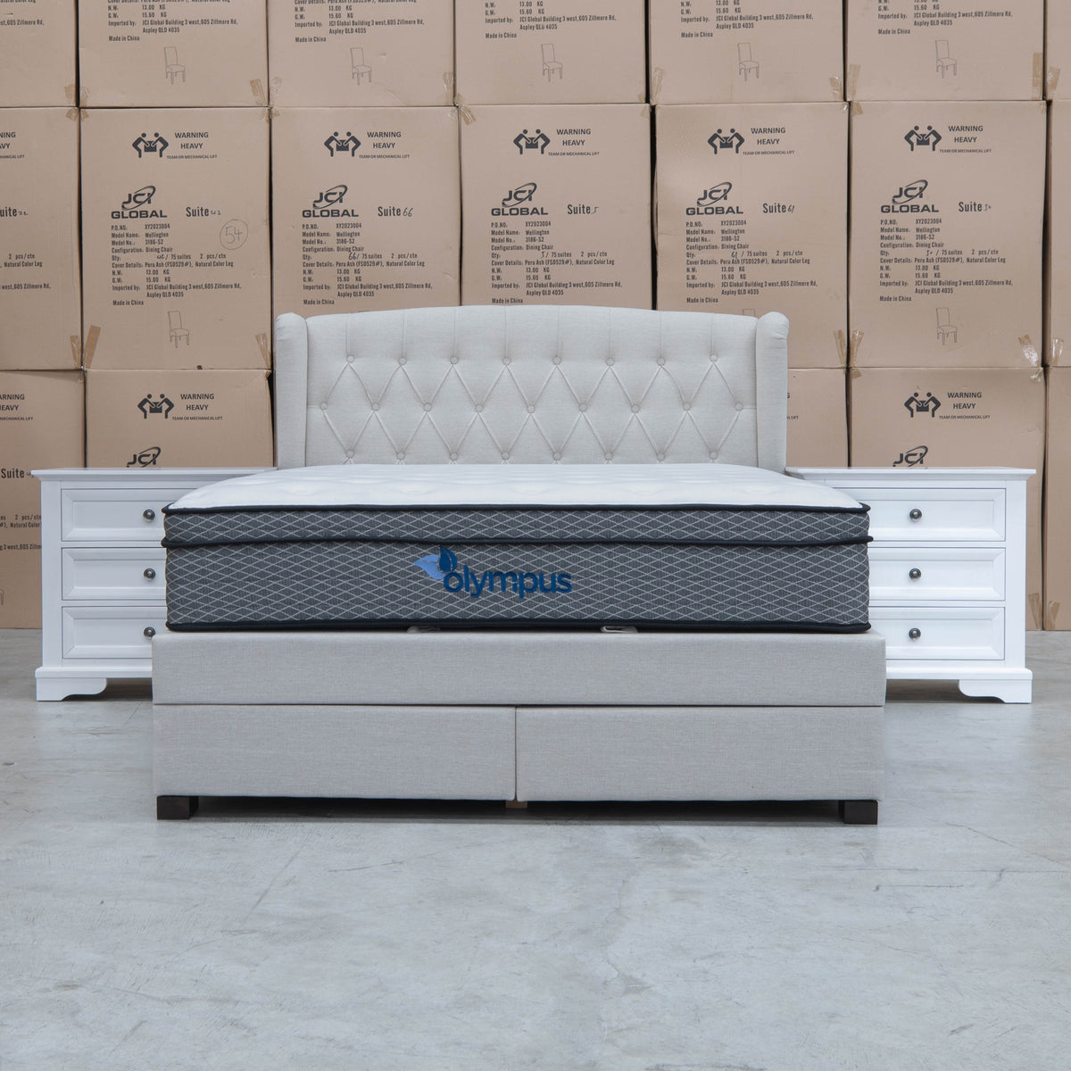 The Amelia Double Fabric Gas Lift Storage Drawer Bed - Oat White available to purchase from Warehouse Furniture Clearance at our next sale event.