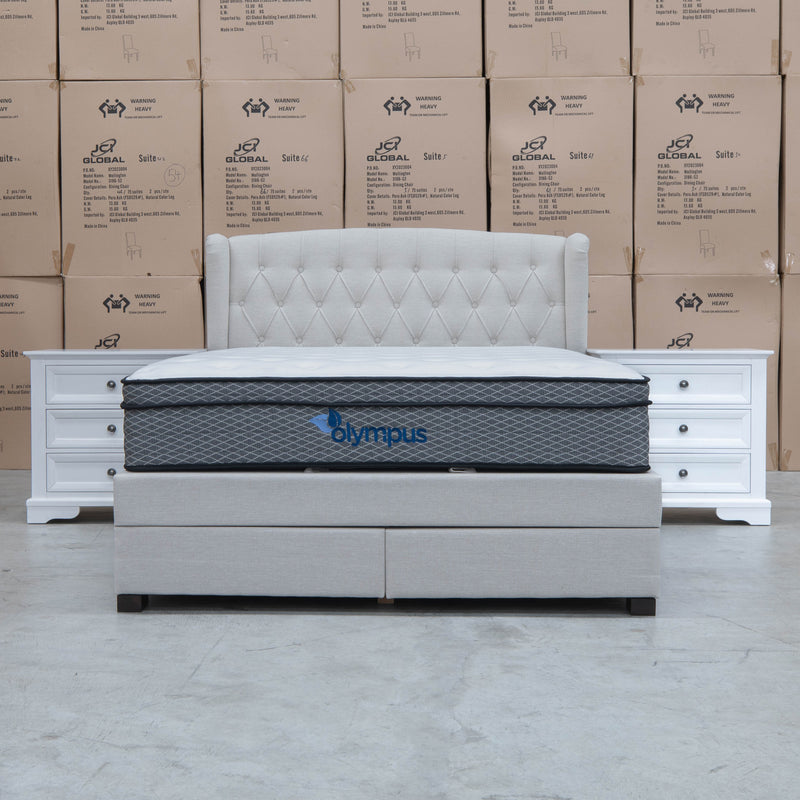 The Amelia Queen Fabric Gas Lift Storage Drawer Bed - Oat White - Available After 10th October available to purchase from Warehouse Furniture Clearance at our next sale event.