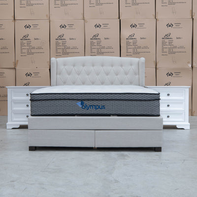 The Amelia King Fabric Gas Lift Storage Drawer Bed - Oat White - Available After 10th October available to purchase from Warehouse Furniture Clearance at our next sale event.