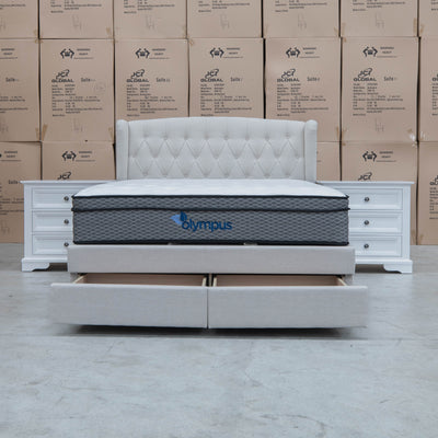 The Amelia Queen Fabric Gas Lift Storage Drawer Bed - Oat White - Available After 10th October available to purchase from Warehouse Furniture Clearance at our next sale event.