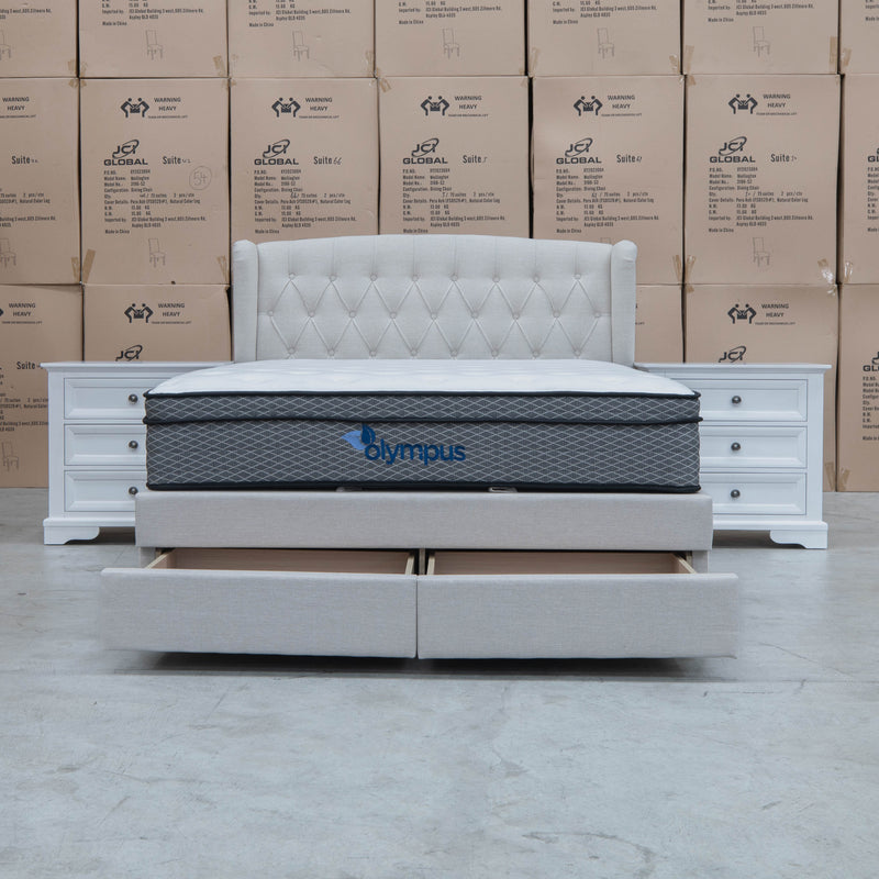 The Amelia Queen Fabric Gas Lift Storage Drawer Bed - Oat White - Available After 10th October available to purchase from Warehouse Furniture Clearance at our next sale event.