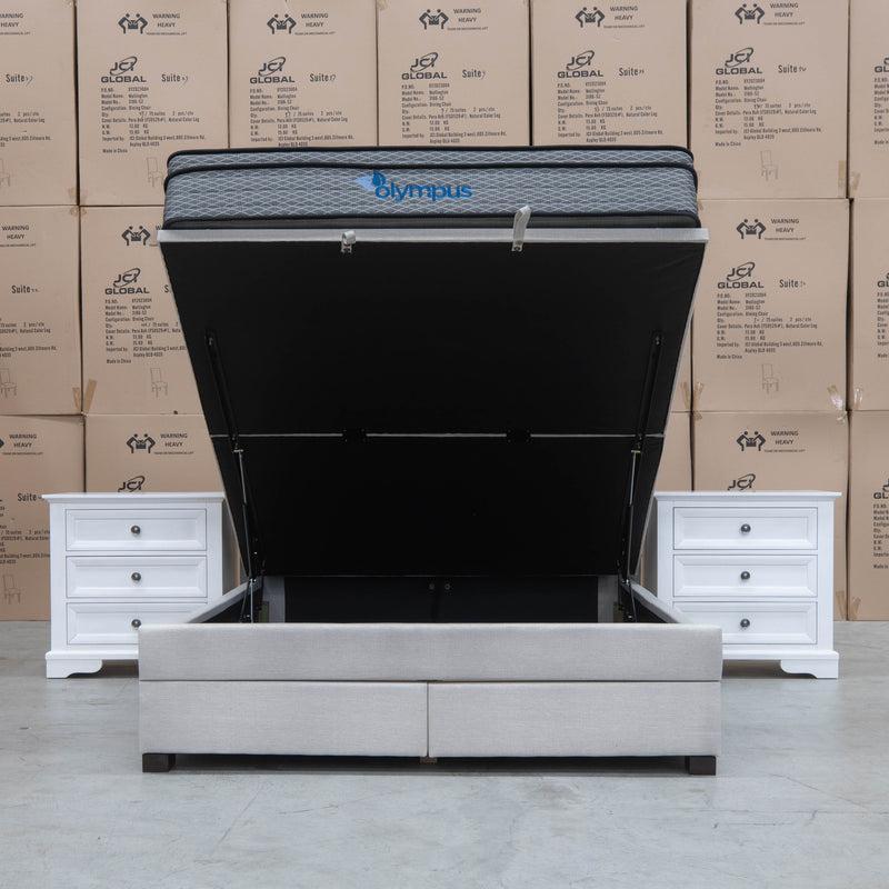 The Amelia Queen Fabric Gas Lift Storage Drawer Bed - Oat White - Available After 10th October available to purchase from Warehouse Furniture Clearance at our next sale event.